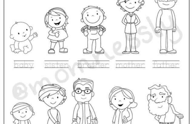 Family members worksheet with cartoon people and labels
