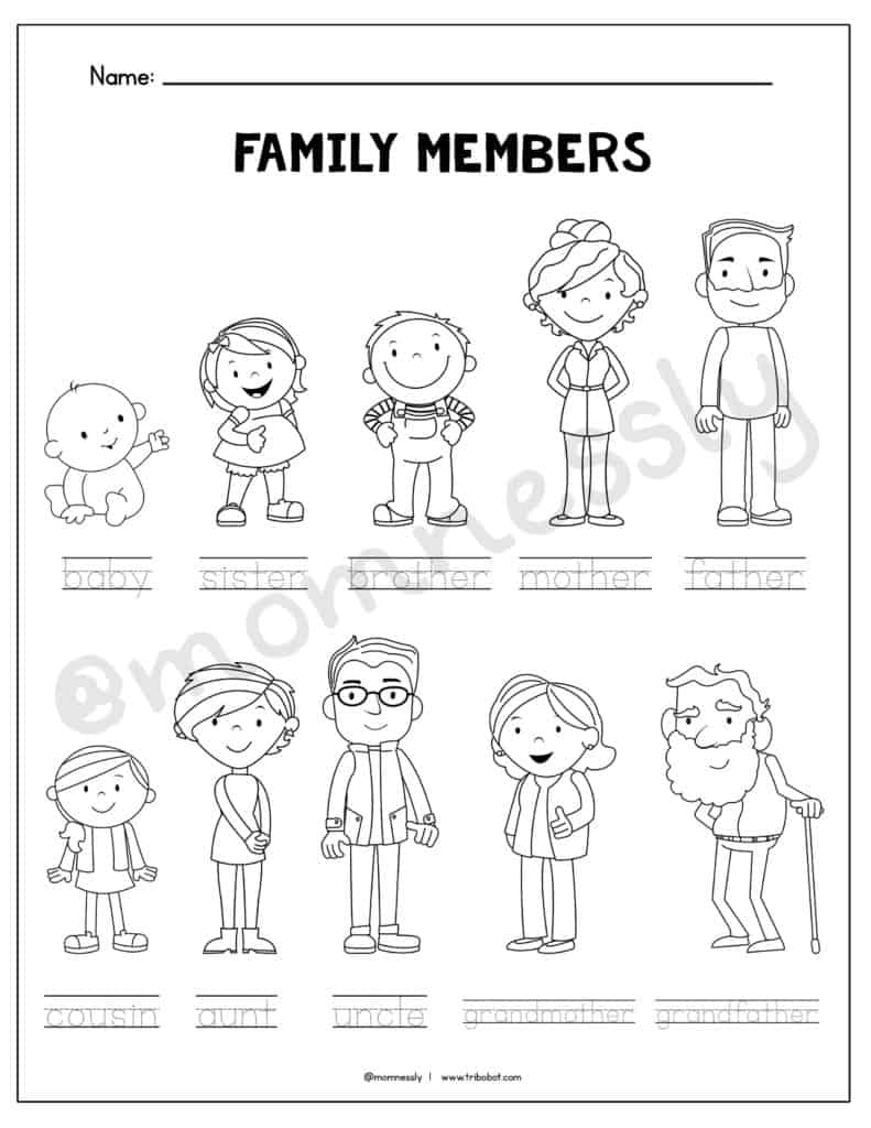 Family members worksheet with cartoon people and labels