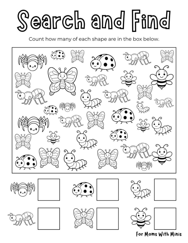 Bug counting worksheet with insects and empty boxes