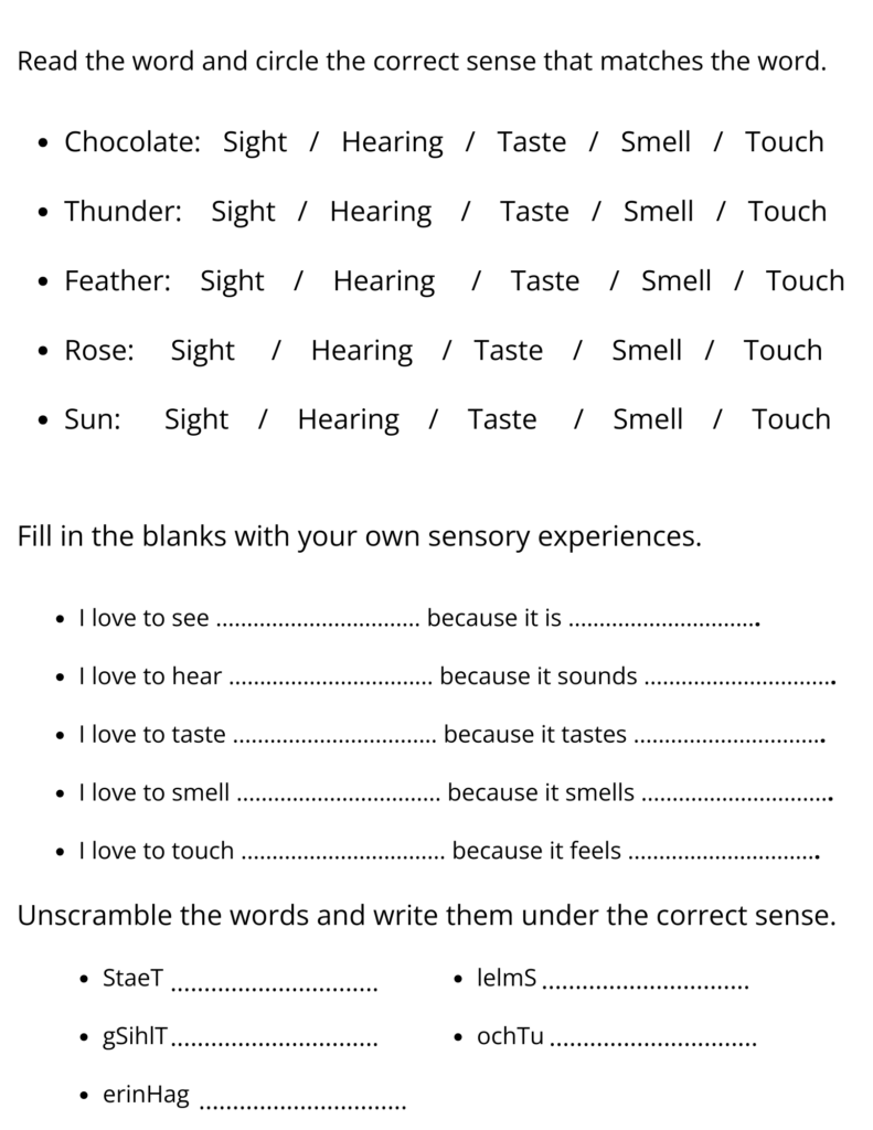 Five senses worksheet with fill-in-the-blank exercises