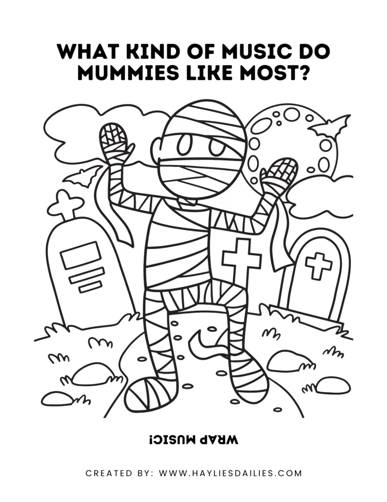 Mummy with tombstones and Halloween-themed music joke text