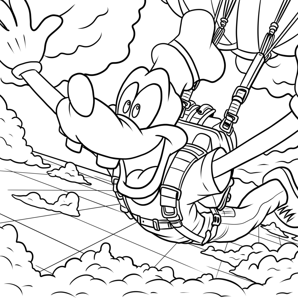 Cartoon dog riding in a parachute harness above clouds