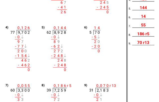 Vertical division math worksheet answer key with nine problems