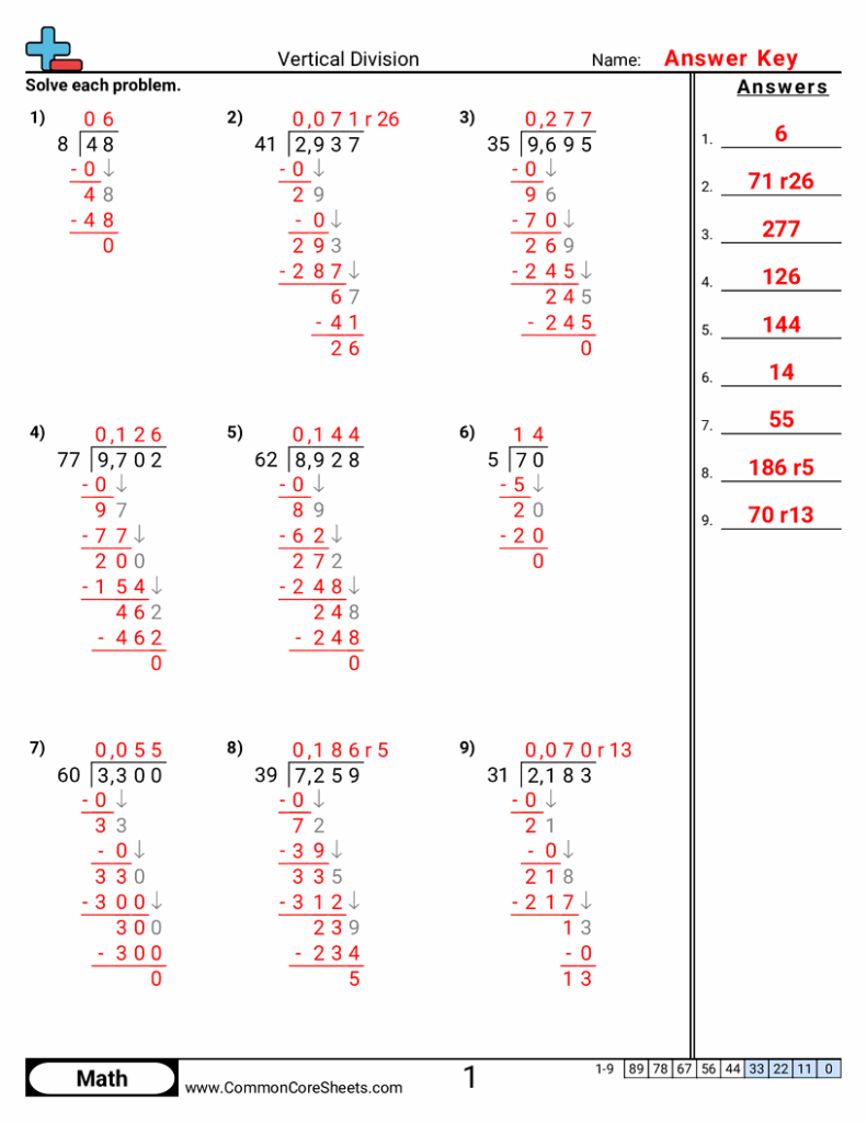Vertical division math worksheet answer key page