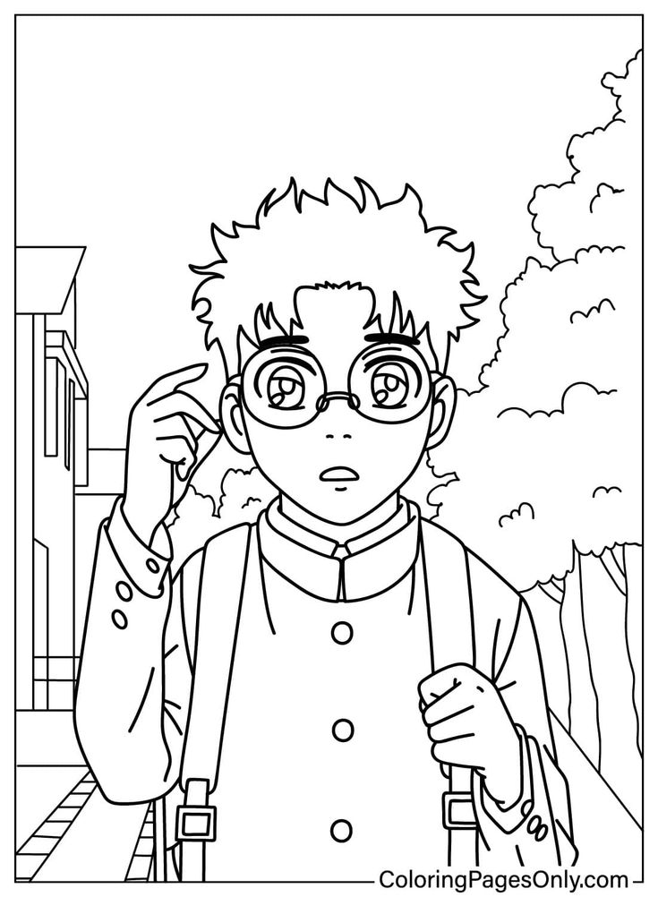 Anime-style boy adjusting glasses outdoors, coloring page outline