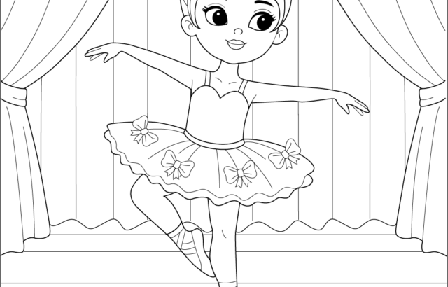 Cartoon ballerina posing on stage with curtains