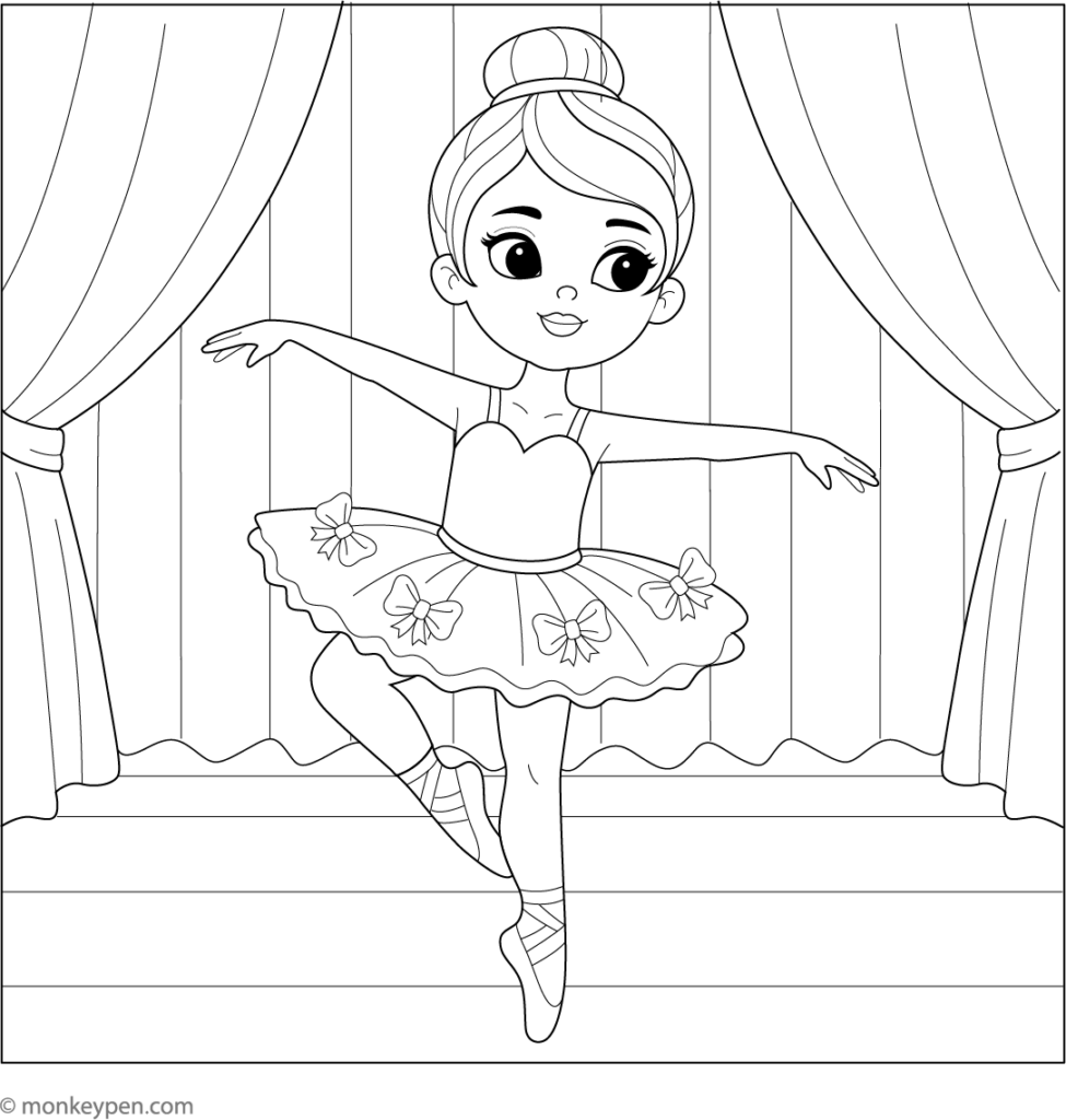 Cartoon ballerina posing on stage with curtains