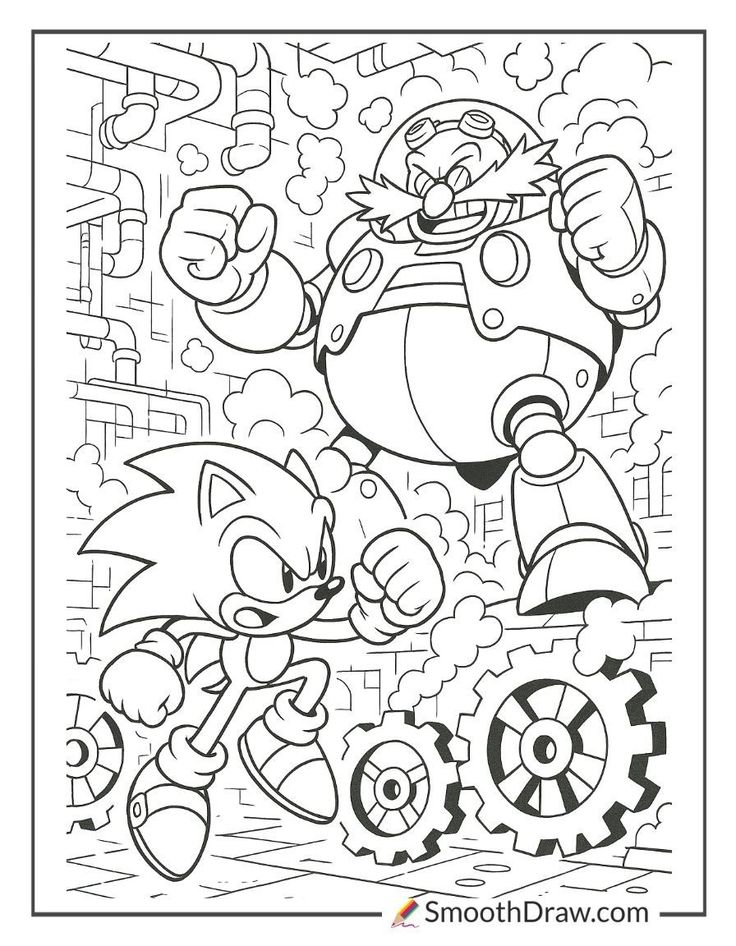 Line drawing of Sonic facing Dr. Eggman in industrial setting