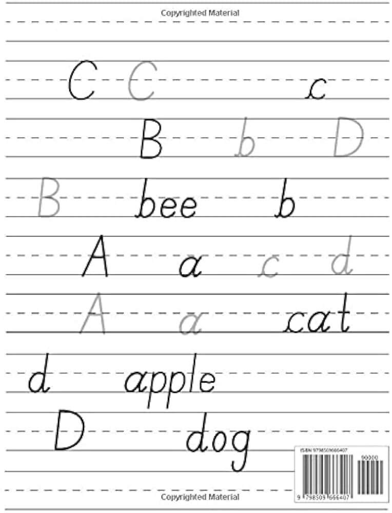 Alphabet handwriting practice worksheet with letters and words