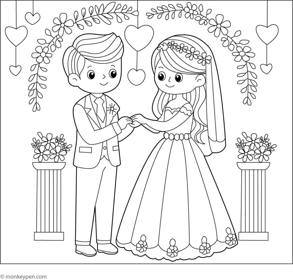 Wedding couple holding hands under floral arch