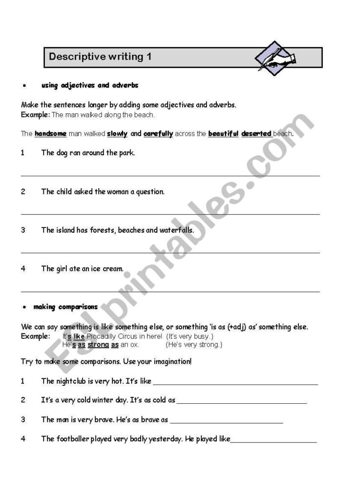 Descriptive writing worksheet with fill-in-the-blank exercises