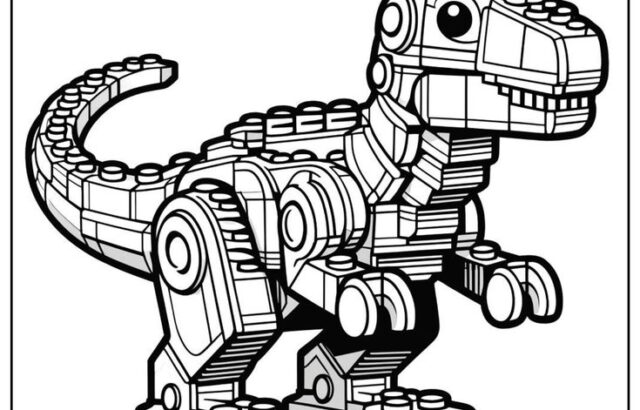 Black-and-white Lego-style dinosaur coloring page illustration