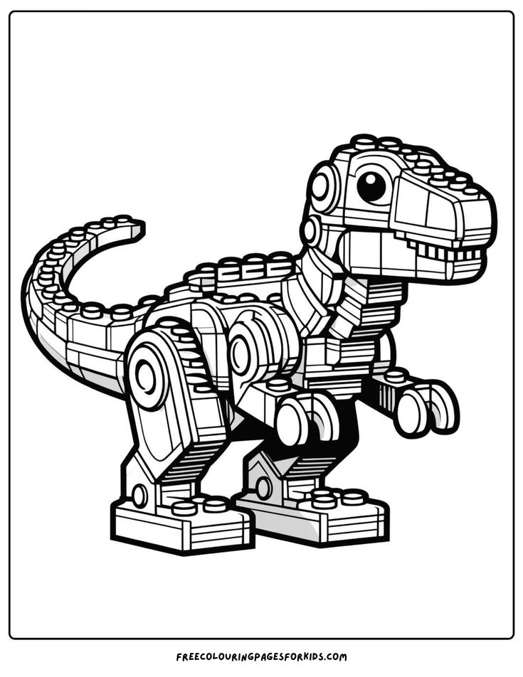 Black-and-white Lego-style dinosaur coloring page illustration