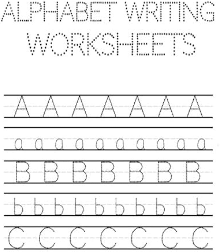 Alphabet writing worksheet with dotted letters A, a, B, b, C