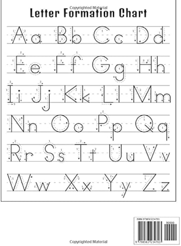 Alphabet letter formation chart with traceable uppercase and lowercase letters