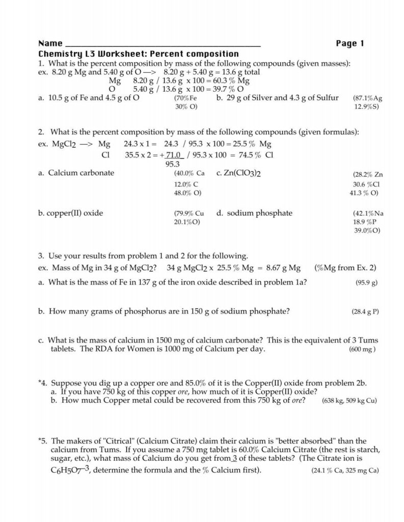 Chemistry worksheet page about percent composition calculations