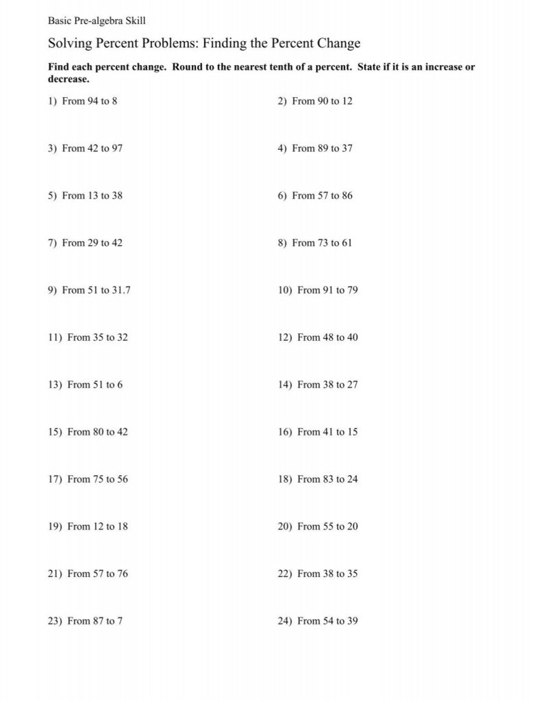 Percent change math worksheet with numbered problems