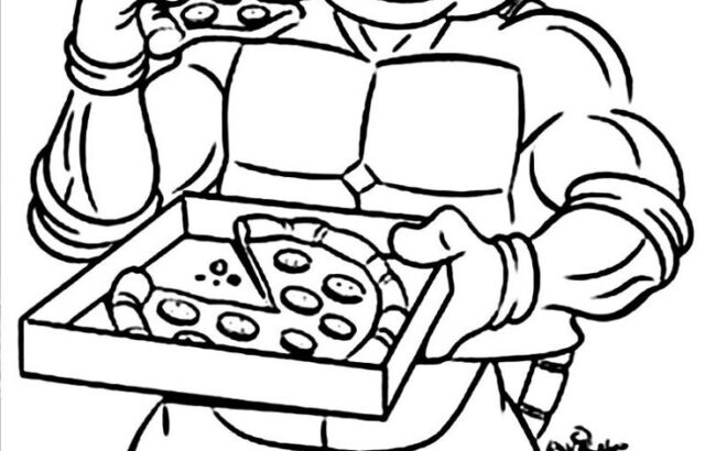 Cartoon turtle eating pizza from a box