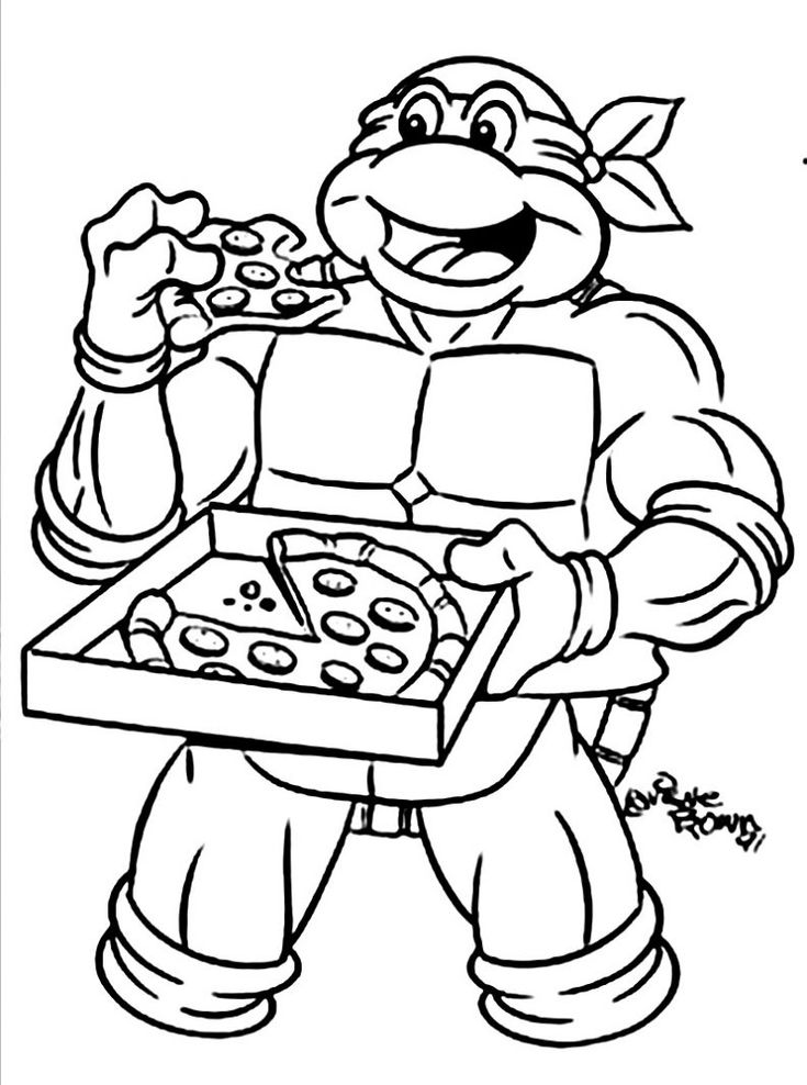 Cartoon turtle eating pizza from a box
