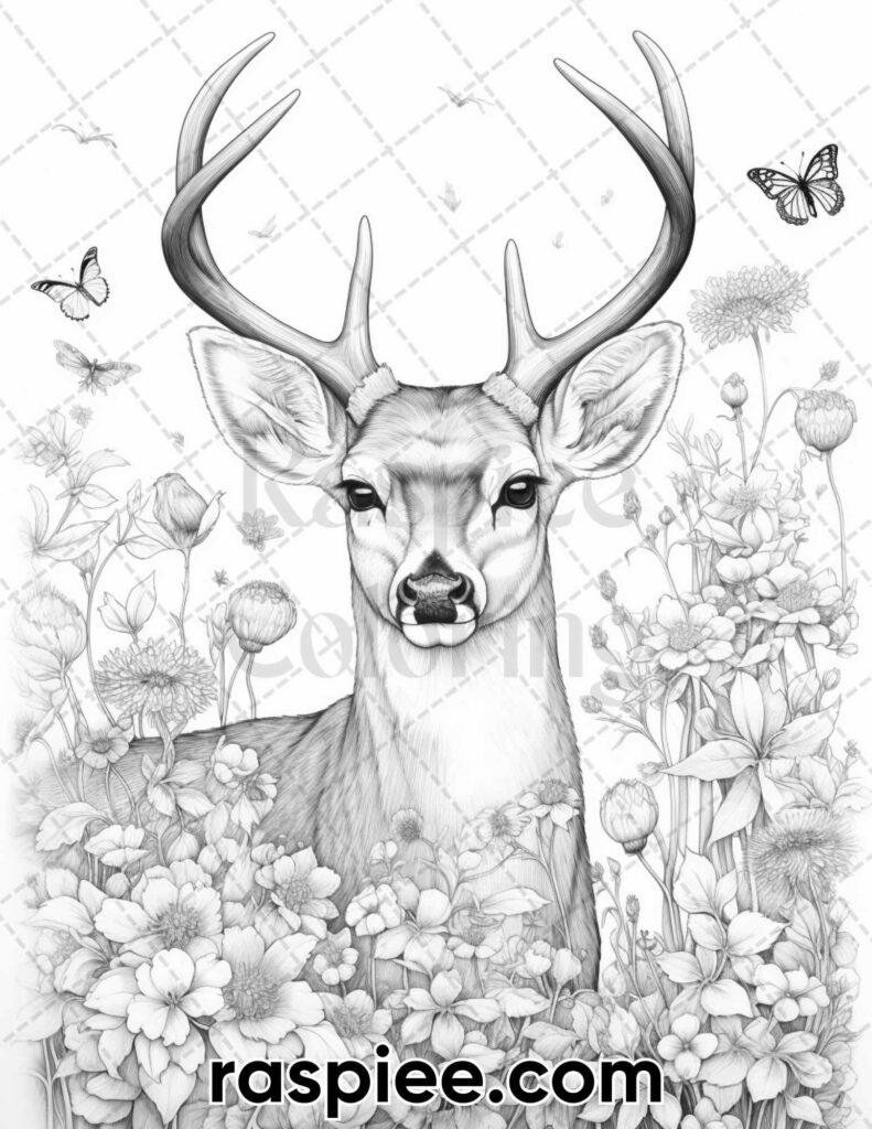 Black-and-white deer portrait surrounded by flowers and butterflies