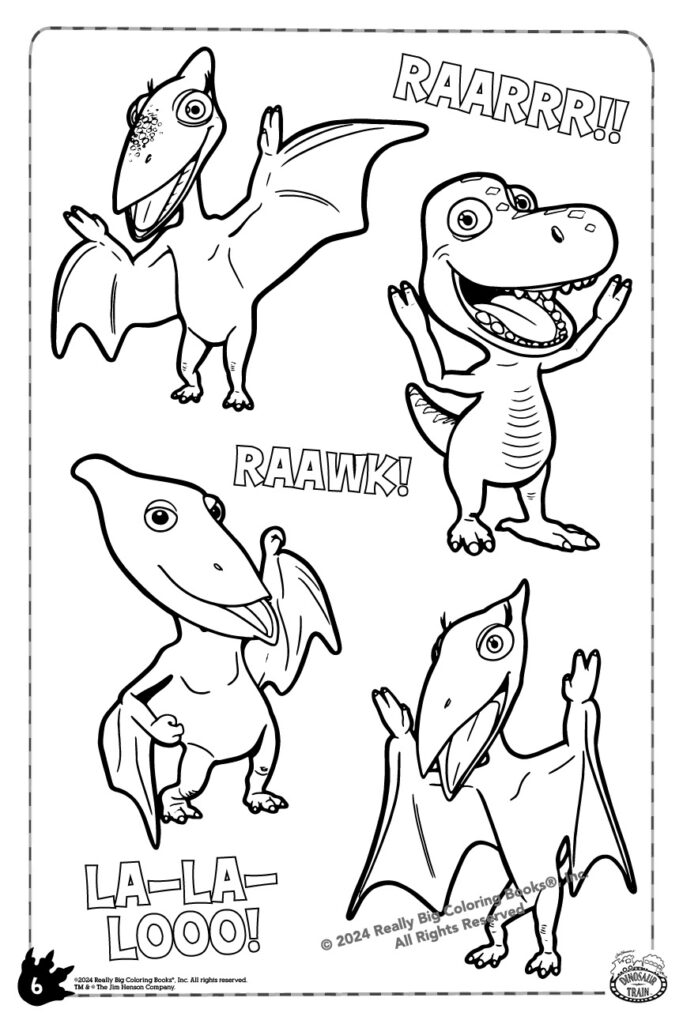 Black-and-white page with four cartoon pterosaurs and text