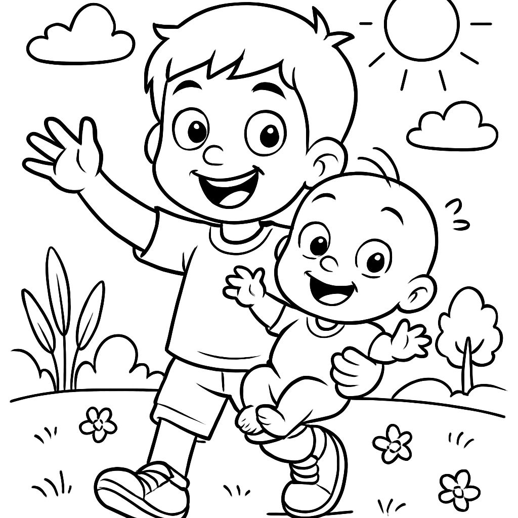 Two smiling children in a sunny park drawing