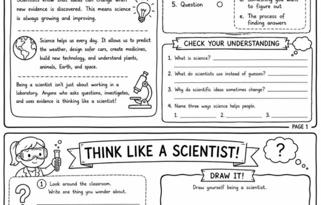 Black-and-white science worksheet pages with activities and drawings