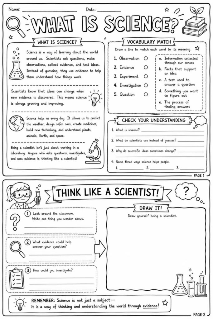 Black-and-white science worksheet pages with activities and drawings