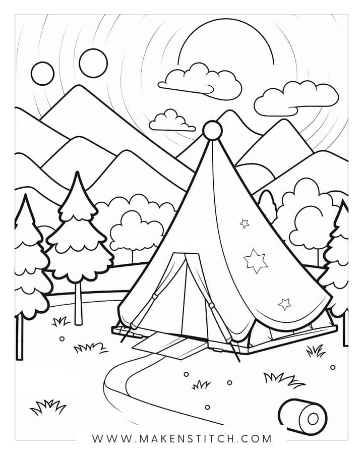 Black-and-white coloring page of a mountain campsite with tent