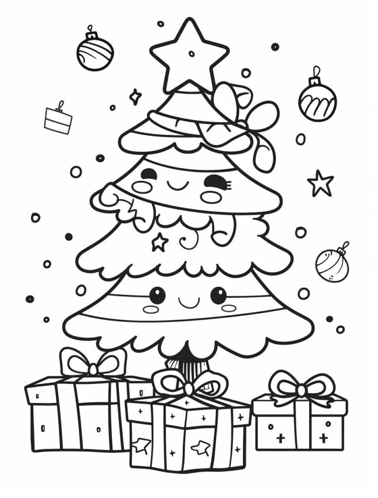 Cute Christmas tree with ornaments and wrapped gifts