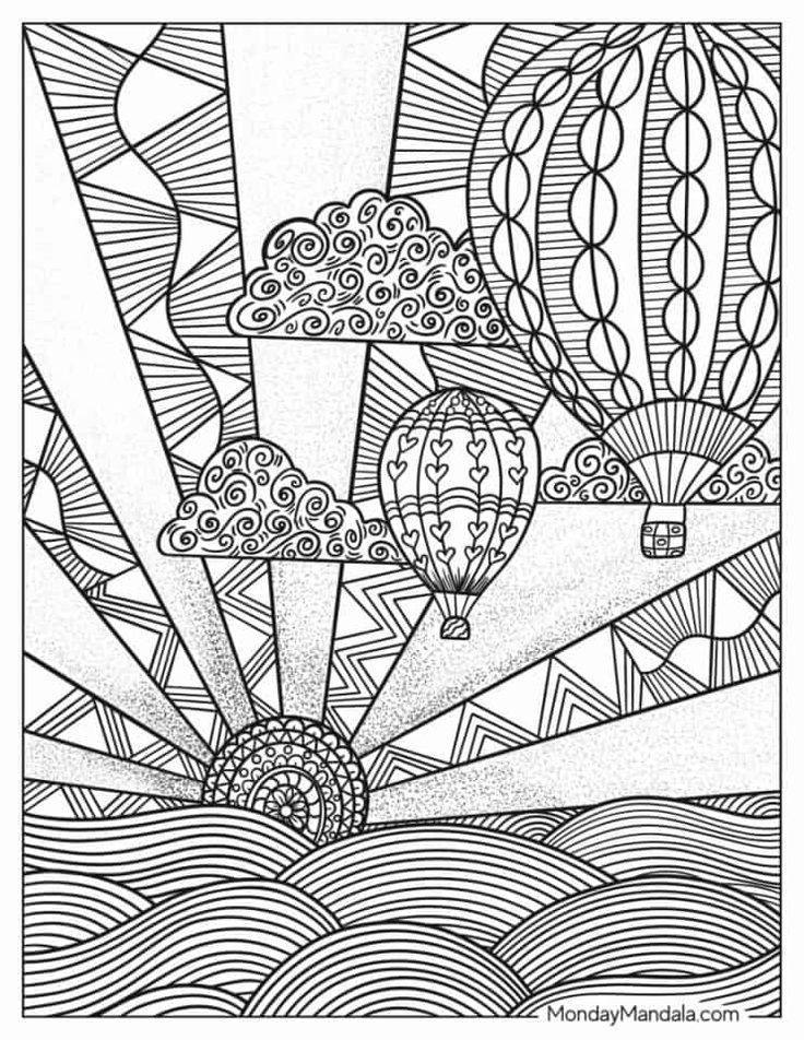 Hot air balloons above patterned clouds and waves