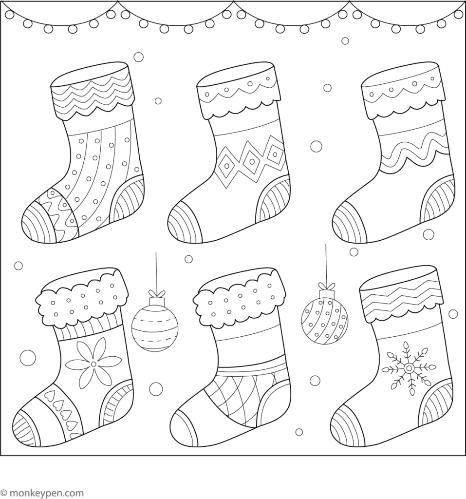 Six decorated Christmas stockings on a white page