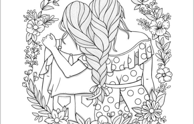 Black-and-white coloring page of two girls hugging, with flowers
