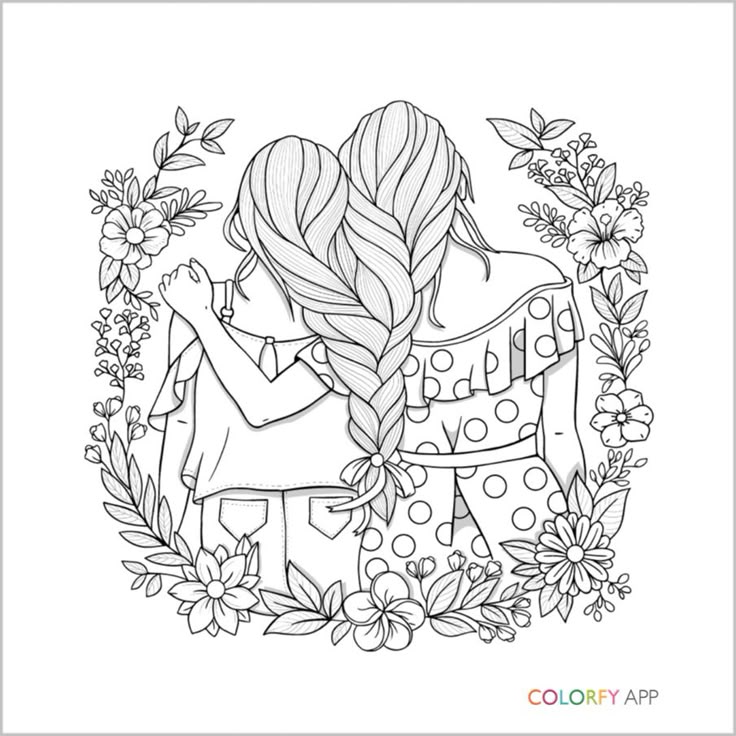 Black-and-white coloring page of two girls hugging, with flowers