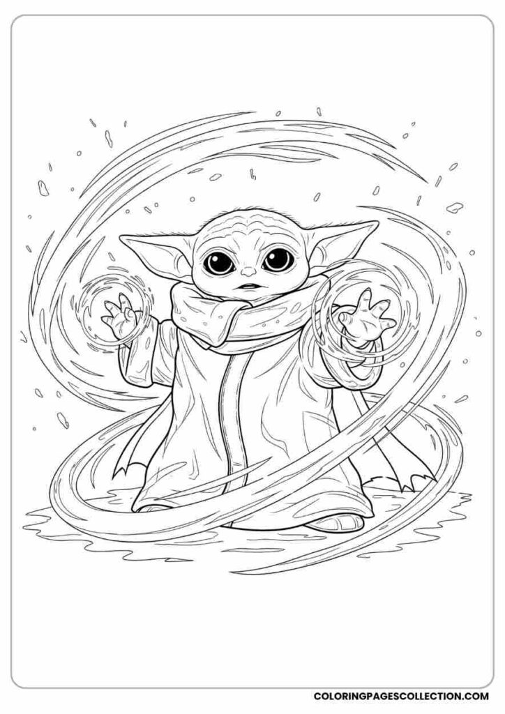 Line drawing of Baby Yoda using swirling force