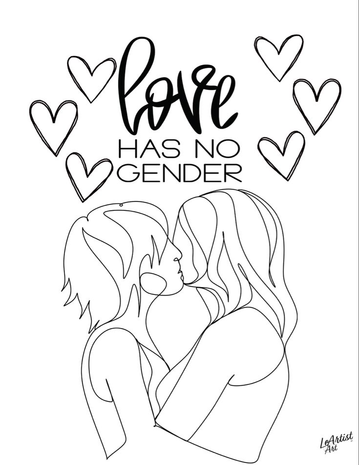 Two women kissing beneath hearts and text