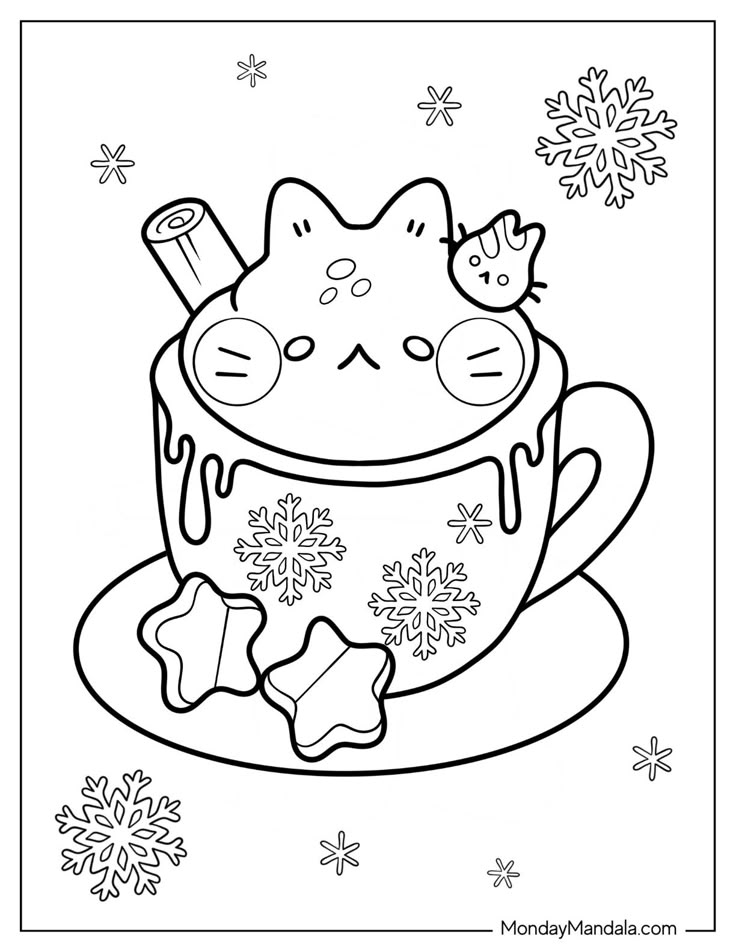Cute cat in mug with snowflakes and stars
