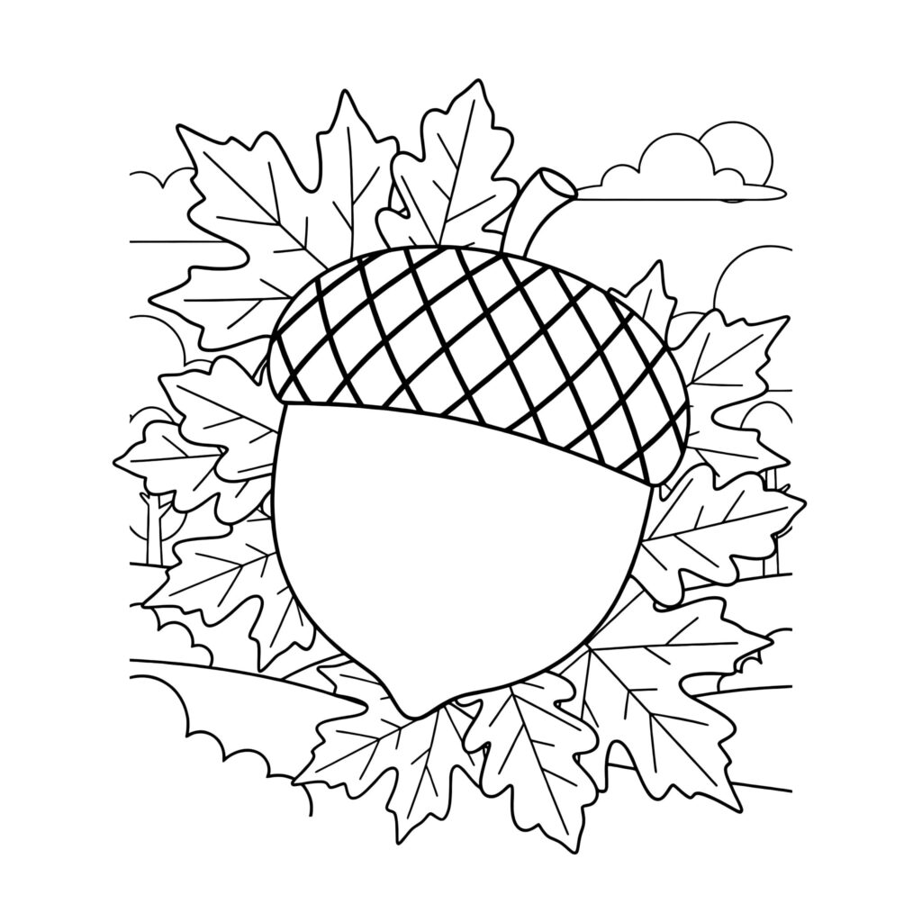 Black-and-white acorn surrounded by oak leaves and clouds