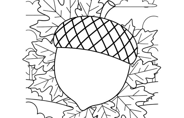 Black-and-white acorn surrounded by oak leaves and clouds