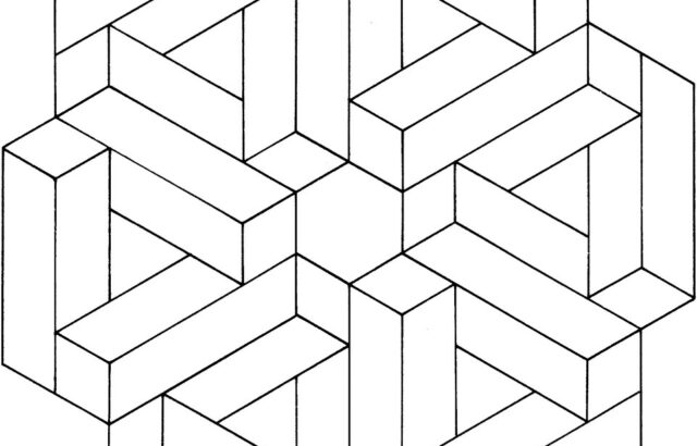Interlocking geometric cube pattern line drawing on white background