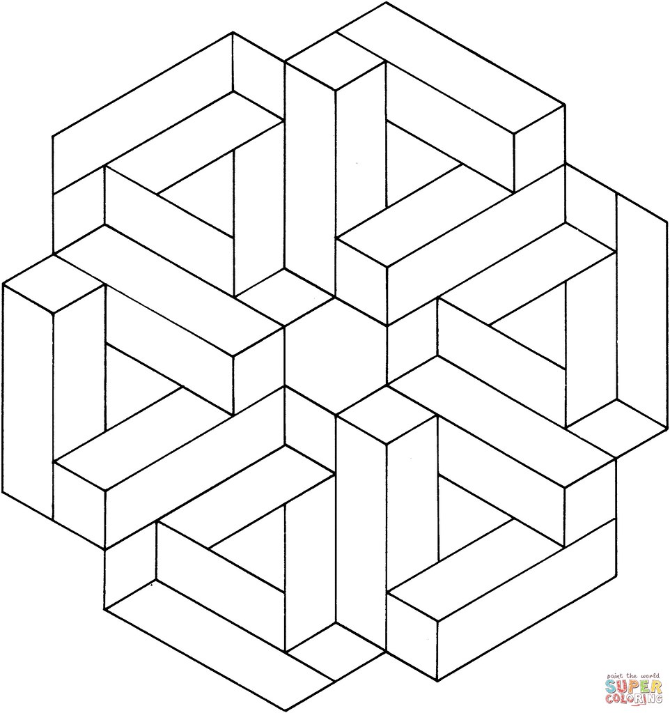 Interlocking geometric cube pattern line drawing on white background