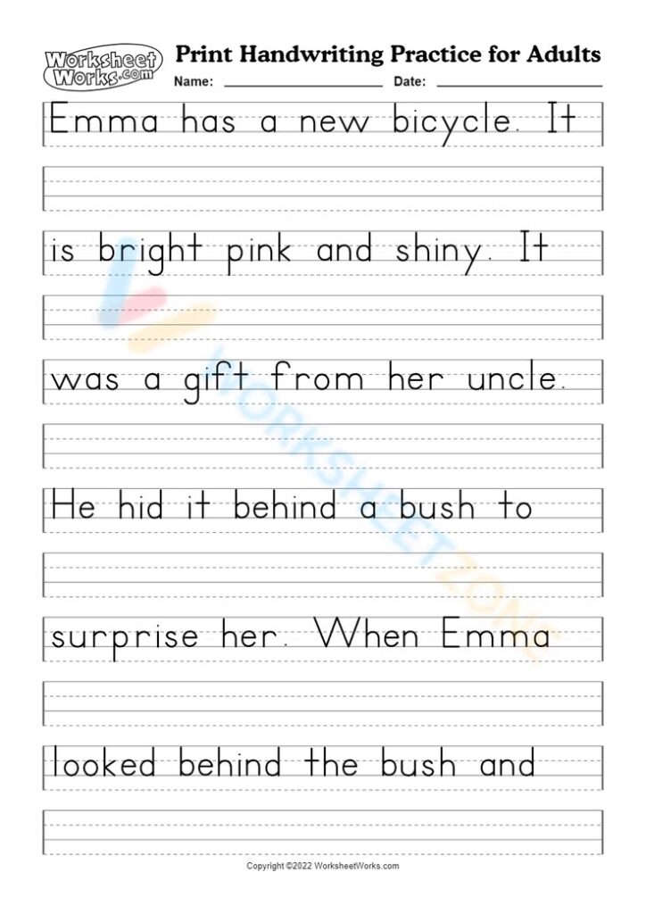 Handwriting practice worksheet with printed sample sentences