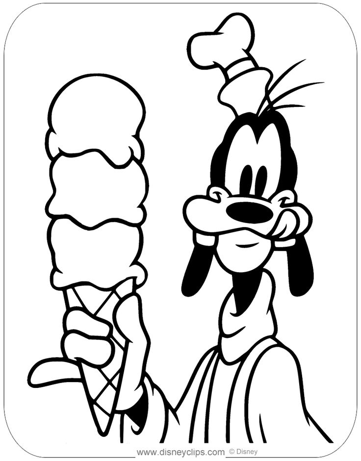 Black-and-white cartoon of Goofy holding ice cream cones