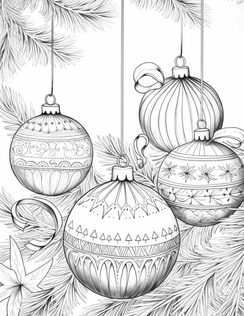 Four decorated hanging Christmas ornaments among pine branches
