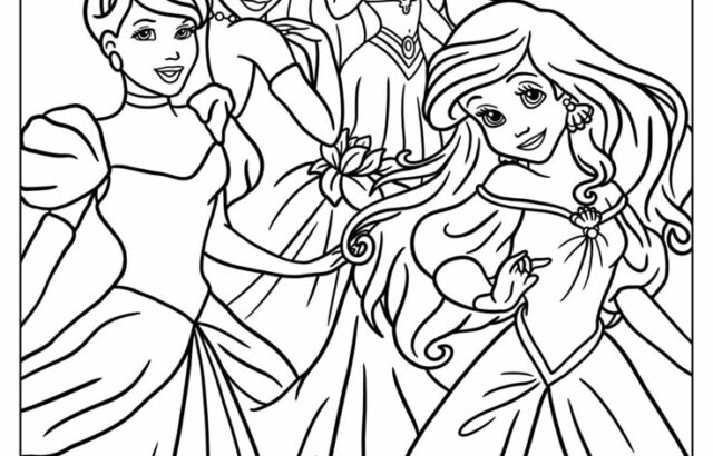 Five princesses in dresses, black-and-white line drawing