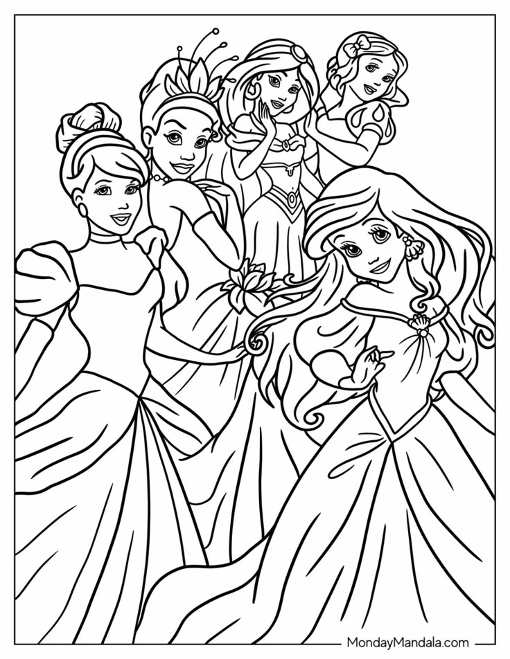 Five princesses in dresses, black-and-white line drawing