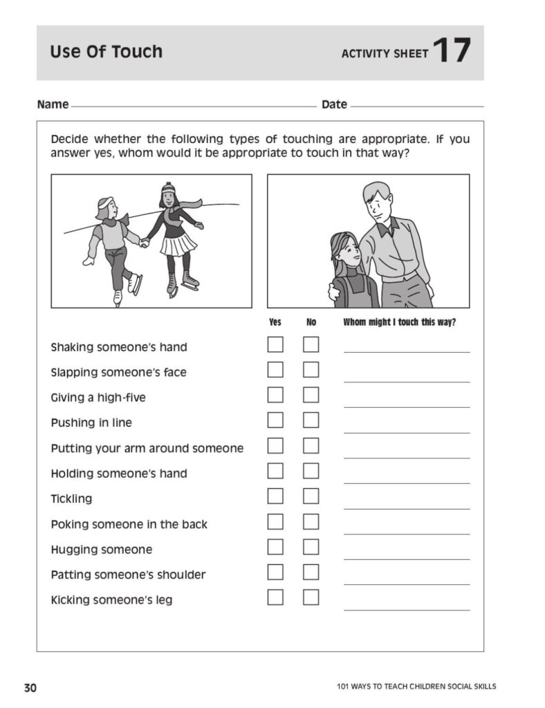 Social skills worksheet about appropriate touching behaviors