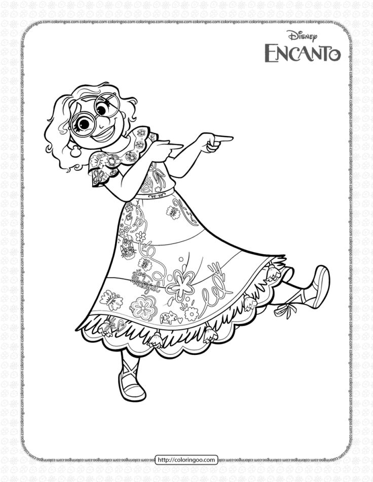 Line art of Mirabel from Encanto pointing sideways