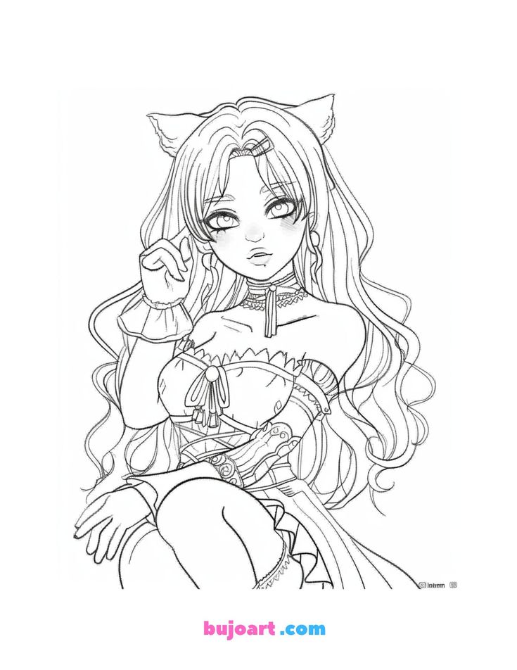 Anime-style cat-eared girl coloring page line art