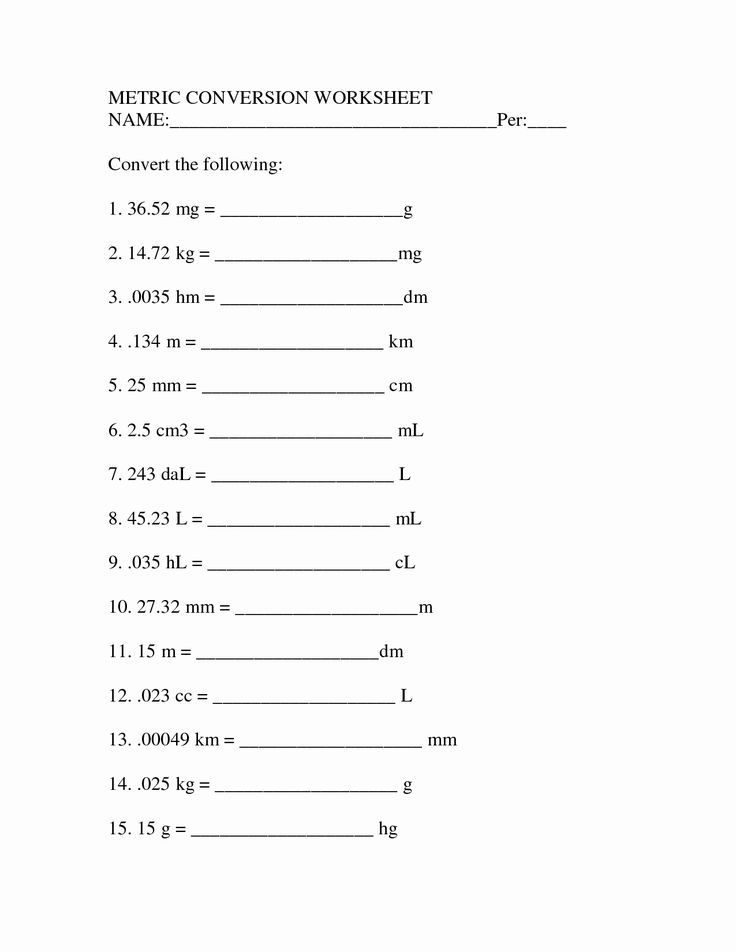 Metric conversion worksheet with numbered problems on white paper